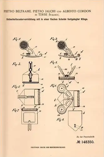 Original Patentschrift - P. Beltrame e P. Jalchi in Terni , 1902 , rasoio di sicurezza, rasatura, barbiere , Cordon !!!!