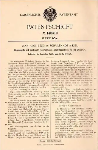 Original Patentschrift - M. Benn in Schulenhof b. Kiel , 1902, verstellbare Heuschleife , Landwirtschaft , Heu , Ernte !