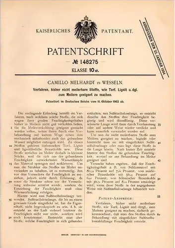 Original Patentschrift - C. Melhardt in Wesseln / Dithmarschen , 1902 , Torf für Meilerverkohlung , Lignit !!!