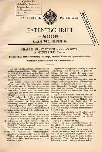 Original Patentschrift - Ch.H. Doyen à Mondrepuis , 1905 , Conduisez pour machine à filer , filature !!!