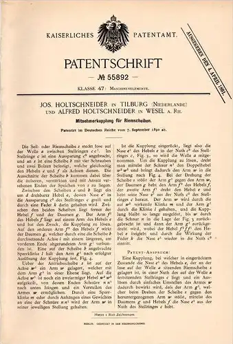 Original Patentschrift - A. Holtschneider in Wesel a. Rh. und Tilburg , 1890, Kupplung für Riemenscheibe , Maschinenbau