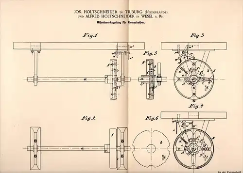 Original Patentschrift - A. Holtschneider in Wesel a. Rh. und Tilburg , 1890, Kupplung für Riemenscheibe , Maschinenbau