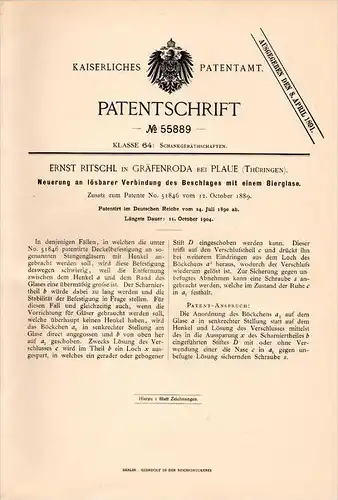 Original Patentschrift - E. Ritschl in Gräfenroda b. Plaue , 1890 , Beschlag für Bierglas , Kneipe , Bar , Bier !!!