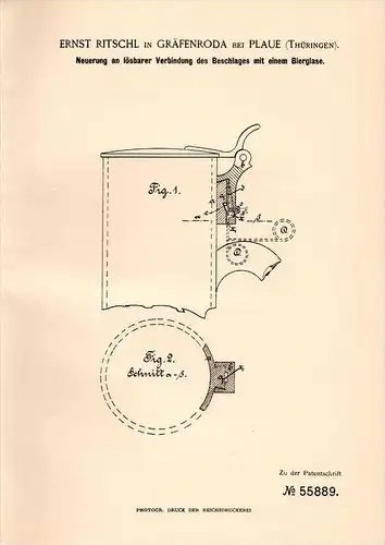 Original Patentschrift - E. Ritschl in Gräfenroda b. Plaue , 1890 , Beschlag für Bierglas , Kneipe , Bar , Bier !!!