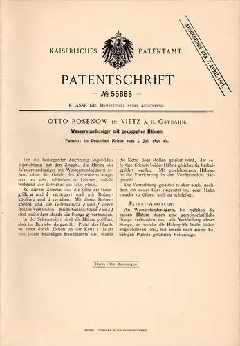 Original Patentschrift - Otto Rosenow in Vietz / Witnica a.d. Ostbahn , 1890 , Dampfkessel - Wasserstandszeiger !!!