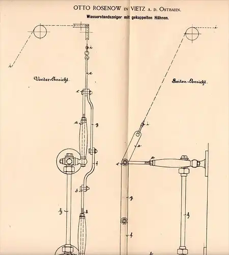 Original Patentschrift - Otto Rosenow in Vietz / Witnica a.d. Ostbahn , 1890 , Dampfkessel - Wasserstandszeiger !!!