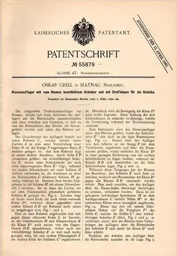 Original Patentschrift - O. Grell in Haynau / Chojnów i.Schl., 1890 , Riemenaufleger , Maschinenbau !!!