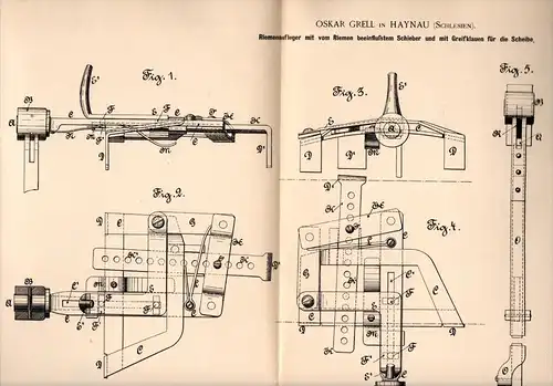 Original Patentschrift - O. Grell in Haynau / Chojnów i.Schl., 1890 , Riemenaufleger , Maschinenbau !!!