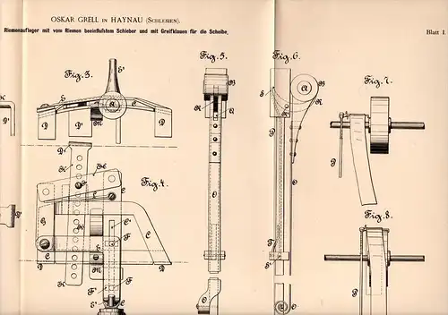 Original Patentschrift - O. Grell in Haynau / Chojnów i.Schl., 1890 , Riemenaufleger , Maschinenbau !!!