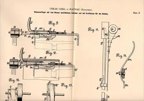 Original Patentschrift - O. Grell in Haynau / Chojnów i.Schl., 1890 , Riemenaufleger , Maschinenbau !!!