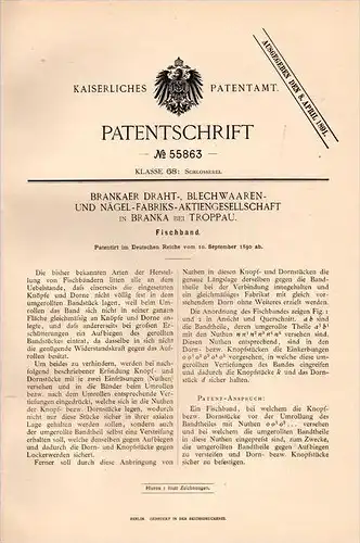 Original Patentschrift - Nagelfabrik in Branka b. Troppau / Opava , 1890 , Fischband , Türen- und Fensterbau !!!