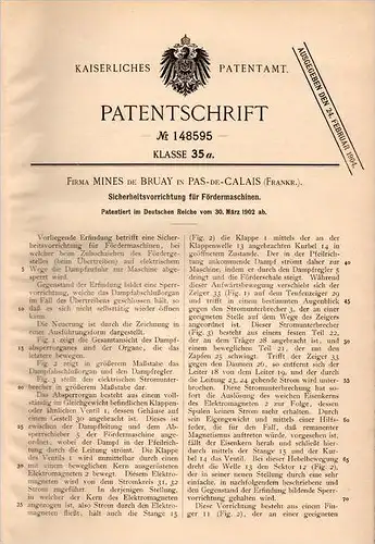 Original Patentschrift - Mines de Bruay à Pas de Calais , 1902 , Porte-fusibles, machine à vapeur !!!
