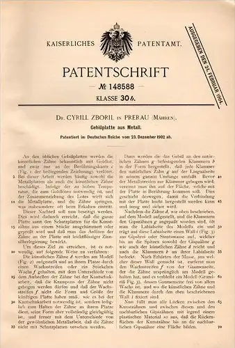 Original Patentschrift - Dr. C. Zboril in Prerau / Prerov , 1902 , Gebißplatte aus Metall , Zahnarzt , Kiefernchirurg !!