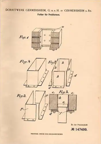 Original Patentschrift - Dorritwerk in Germersheim a.Rh., 1902 , Futter für Preßform , Presse !!!