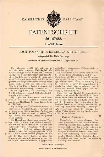 Original Patentschrift - J. Forkarth in Innsbruck - Wilten , 1902 , Kurbel für Motorfahrzeuge , Automobile !!!