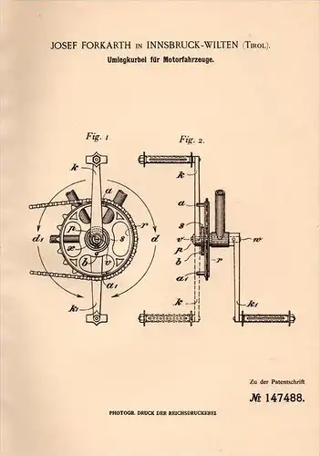 Original Patentschrift - J. Forkarth in Innsbruck - Wilten , 1902 , Kurbel für Motorfahrzeuge , Automobile !!!