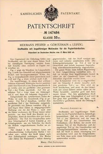 Original Patentschrift - H. Pfeifer in Göritzhain / Lunzenau , 1903 , Stoffmühle für Papierfabrik , Papier , Leipzig !!!
