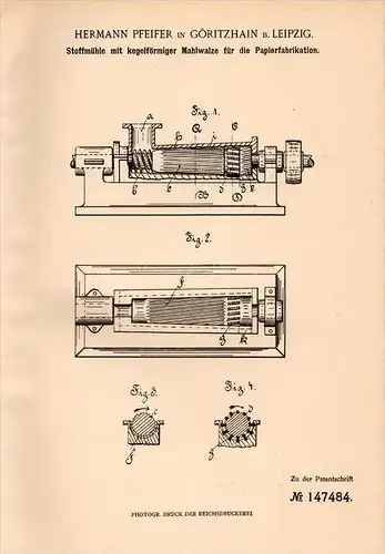 Original Patentschrift - H. Pfeifer in Göritzhain / Lunzenau , 1903 , Stoffmühle für Papierfabrik , Papier , Leipzig !!!