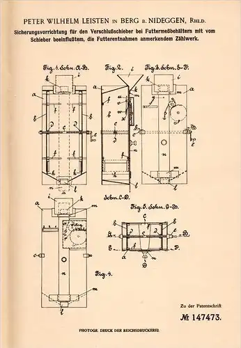 Original Patentschrift - P. Leisten in Berg b. Nideggen , 1903 , Sicherung für Futtermeßbehälter , Tierzucht , Agrar !!!