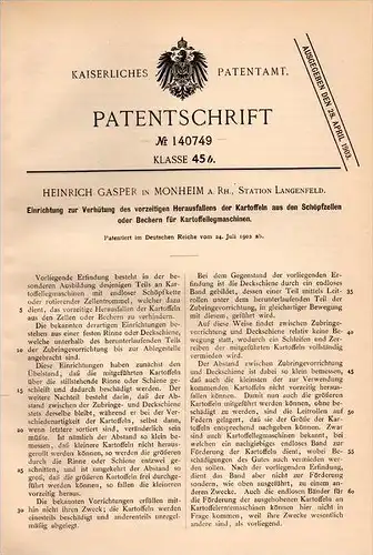 Original Patentschrift - H. Gasper in Monheim a.Rh., 1902 , Apparat für Kartoffel - Legemaschine , Langenfeld  !!!