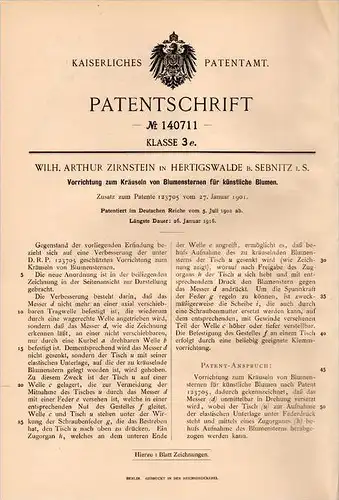 Original Patentschrift - W. Zirnstein in Hertigswalde b. Sebnitz i.S., 1902 , Apparat für künstliche Blumen , Floristik