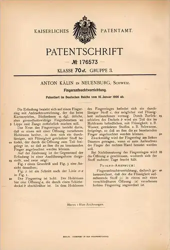 Original Patentschrift - A. Kälin in Neuenburg , Schweiz , 1906 , Anfeuchtvorrichtung für Finger , Kartenspiel !!!