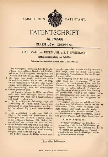 Original Patentschrift - Carl Zahl in Tieffenbach und Dickmühl , Kr. Naugard , 1905 , Rettungsapparat für Schiffe  !!!