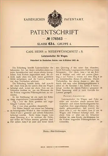 Original Patentschrift - Carl Heins in Niederwürschnitz i.S., 1905 , Laternenhalter für Wagen , Automobile !!!