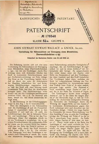 Original Patentschrift - J. Stewart - Wallace in Knock , Ireland ,1903, Apparatus for sewing machine , ireland , Mayo !!