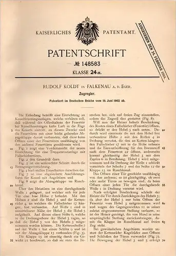 Original Patentschrift - R. Koldt in Falkenau / Sokolov , 1902 , Zugregler , Feuerung , Heizung , Ofen !!!