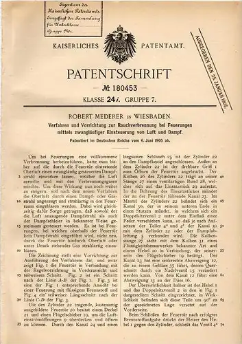 Original Patentschrift - R. Mederer in Wiesbaden , 1905 , Rauchverbrennung bei Feuerung , Heizung , Heizungsbau !!!