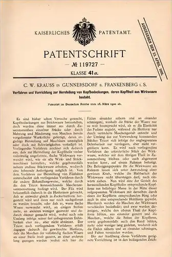 Original Patentschrift - C.W. Krauss in Gunnersdorf b. Frankenberg i.S., 1900 , Herstellung von Hüten , Mützen , Hut !!!