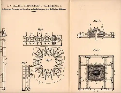 Original Patentschrift - C.W. Krauss in Gunnersdorf b. Frankenberg i.S., 1900 , Herstellung von Hüten , Mützen , Hut !!!