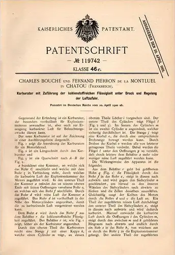 Original Patentschrift - C. Bouché et F. de la Montluel à Chatou , 1900 , Carburateur pour l'éclairage, moto, vélo !!!