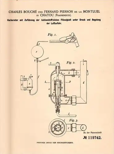 Original Patentschrift - C. Bouché et F. de la Montluel à Chatou , 1900 , Carburateur pour l'éclairage, moto, vélo !!!
