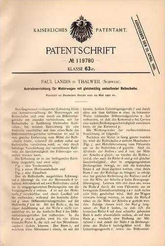 Original Patentschrift - P. Landis in Thalweil , 1900 , Antrieb für Motorwagen , Automobile !!!