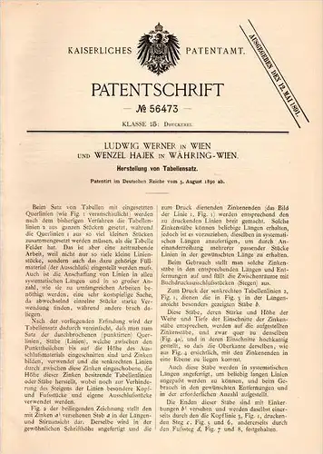 Original Patentschrift - L. Werner und W. Hajek in Währing - Wien , 1890 , Tabellensatz , Druckerei , Buchdruck !!!