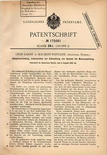 Original Patentschrift - L- Carré à Maubert Fontaine , 1905, Appareil pour la cuisson à la vapeur , casernes , prisons !