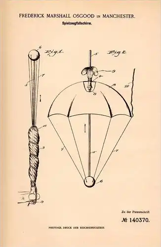 Original Patentschrift - F. Osgood  in Manchester , 1902 , Fallschirm , Spielzeug , parachute , toys ,  !!!