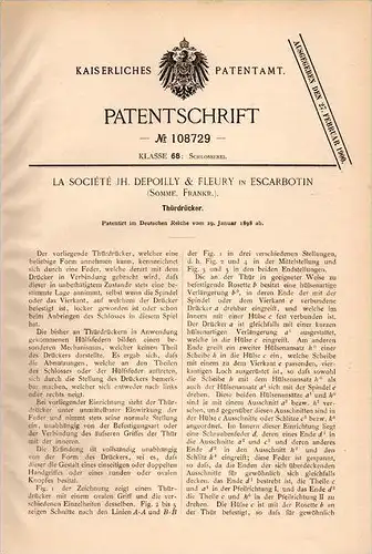 Original Patentschrift - Depoilly & Fleury à Friville Escarbotin , 1898 , Poignées de porte  !!!