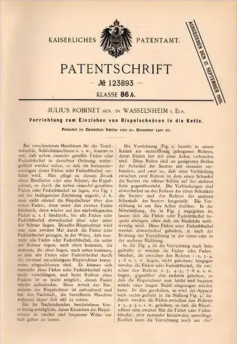 Original Patentschrift - J. Robinet à Wasselonne i. Els. ,1900, Appareil pour le textile, fil , Tissue , Wasselnheim !!!