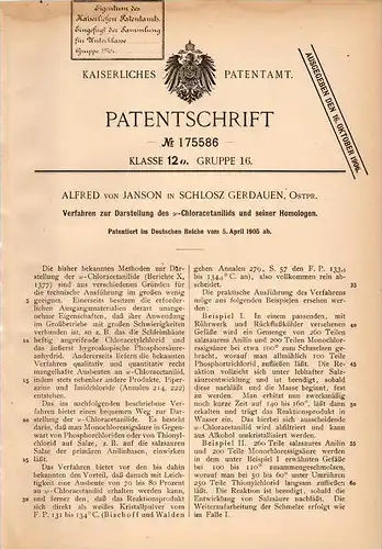 Original Patentschrift - A. von Janson in Schloss Gerdauen , Ostpr., 1905 , Darstellung von Chlor , Schelesnodoroschny !