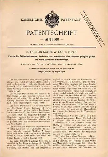 Original Patentschrift - B. Thieron in Eupen , 1894 , Einsatz für Schleudertrommeln , Landwirtschaft , Milch , Molke !!!