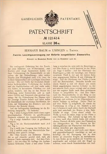 Original Patentschrift - B. Baum in Usingen a. Taunus , 1900 , Leuchtgaserzeugung mit Zimmerofen , Ofen , Heizung !!!