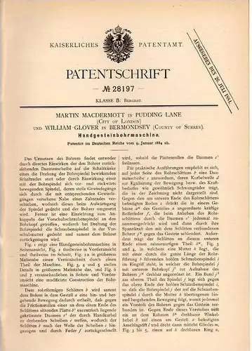 Original Patentschrift - W. Glover in Pudding Lane and Bermondsey , 1884 , Drilling machine for stone, mining, tunnel !!