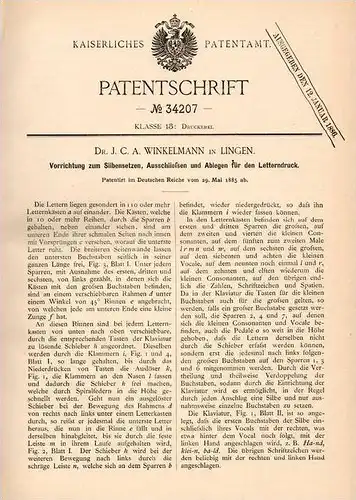 Original Patentschrift - Dr. Winkelmann in Lingen , Ems , 1885,Apparat für Silbensetzung , Lettern , Druckerei , Druck !