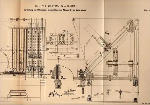 Original Patentschrift - Dr. Winkelmann in Lingen , Ems , 1885,Apparat für Silbensetzung , Lettern , Druckerei , Druck !