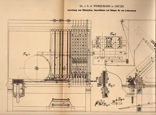 Original Patentschrift - Dr. Winkelmann in Lingen , Ems , 1885,Apparat für Silbensetzung , Lettern , Druckerei , Druck !