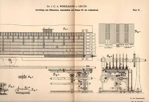 Original Patentschrift - Dr. Winkelmann in Lingen , Ems , 1885,Apparat für Silbensetzung , Lettern , Druckerei , Druck !