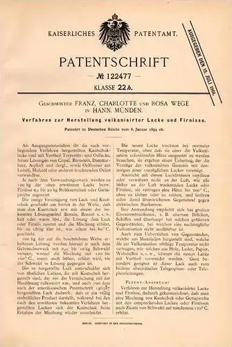 Original Patentschrift -  Geschw. Wege in Hann Münden , 1899 , Lack - Herstellung , Bernstein , Harz , Terpentin !!!